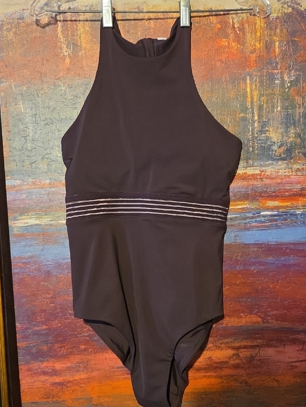 Dark Burgundy  High-Neck One-Piece Swimsuit with Metallic Waistband